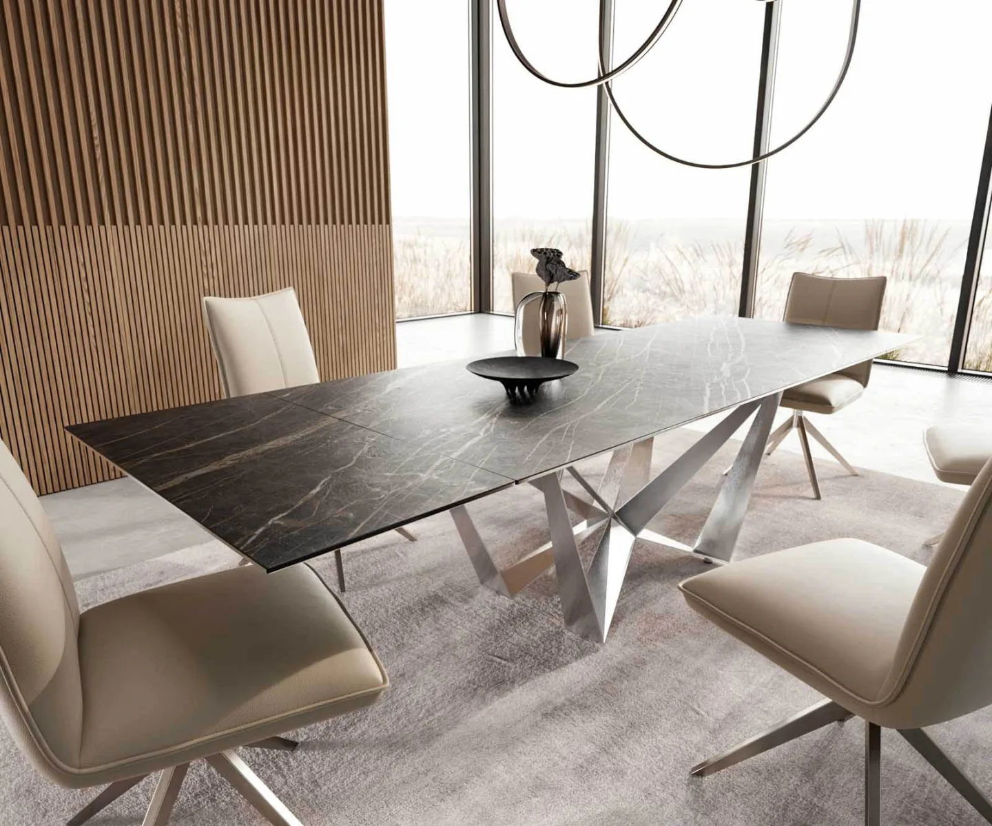 Esstisch Edge 200-300x100 Keramik Laminam®Noir Desir Braun Spider Flachstahl Edelstahl ausziehbar