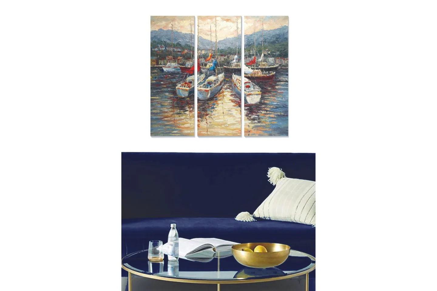 Canvastavla i trä 3-delar 50x70 cm - Segelbåtar i en hamn med speglingar i vattnet - Blå / Vit / Röd