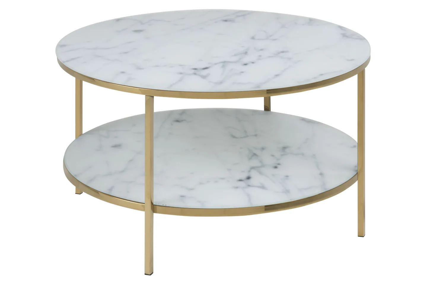 Almaz Couchtisch Ø80 cm weiss Marmorprint, goldenes Chrom.