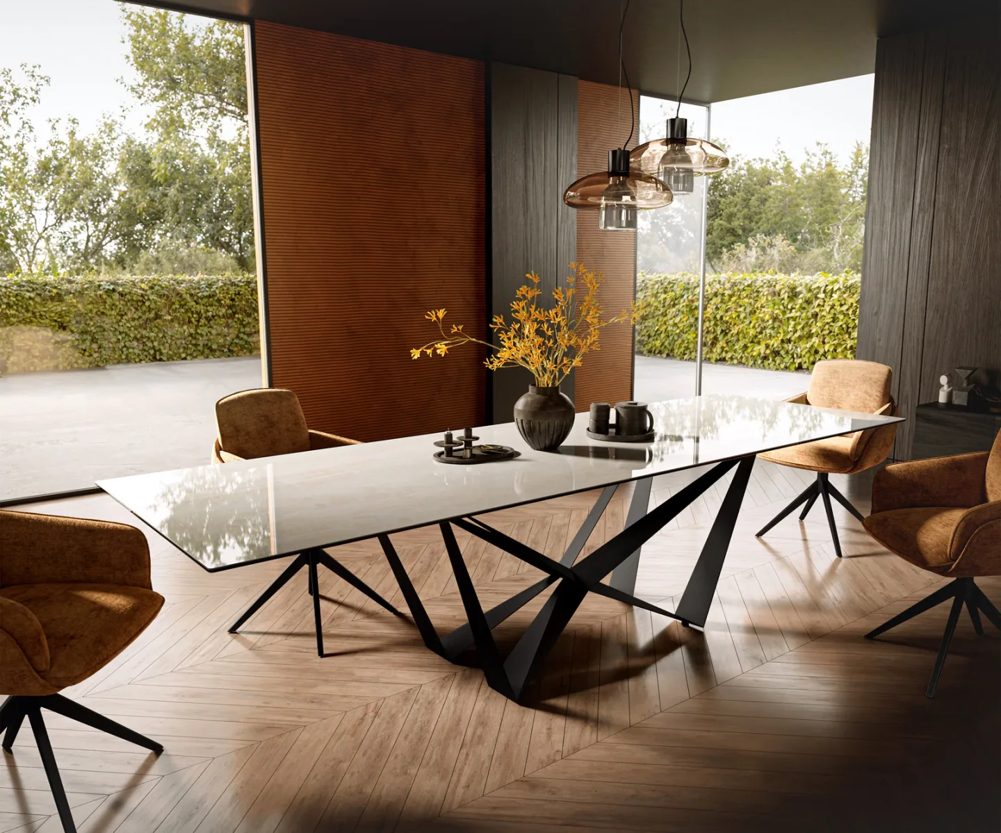Esstisch Edge 300x100 cm Keramik Onyx Champagne Spider Flachstahl Schwarz