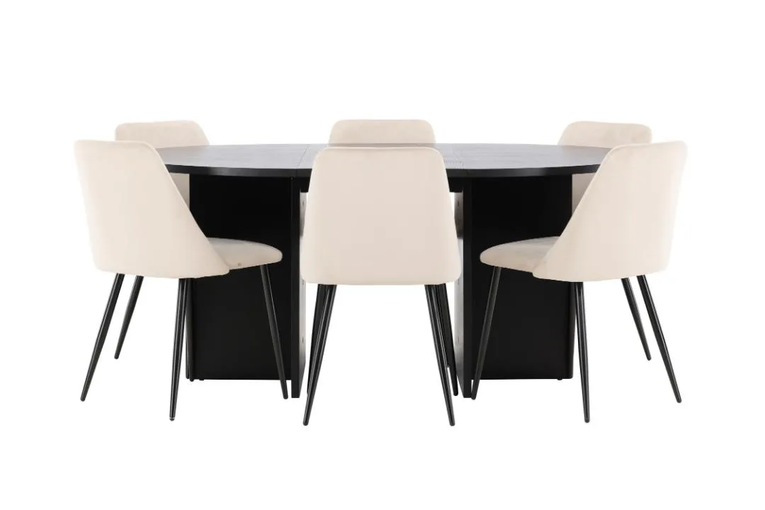 Strada Essgruppe Ausziehtisch Ø120cm, 170cm und 6 Stühle schwarz, beige.