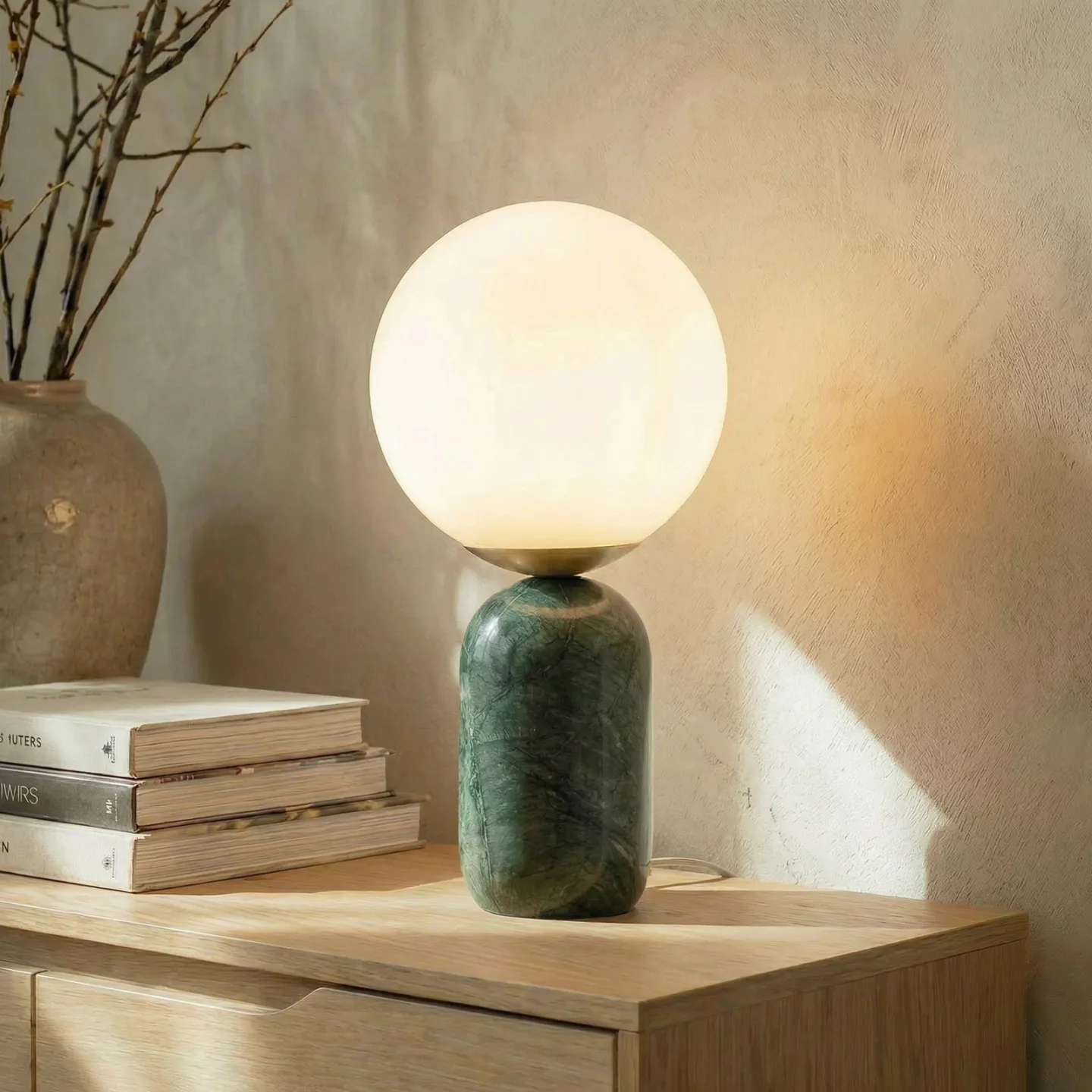 Lennes Tischleuchte, Ø 20 cm, Glas, grün, Marmor- Lindby - Wohnzimmer - Modern - Einflammig