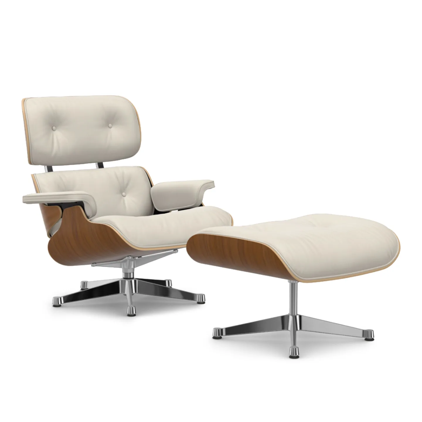 Vitra - Eames Lounge Set Natural Walnut Leather Premium Snow 72 Polished Aluminium - Fåtöljer - Charles & Ray Eames - Vit