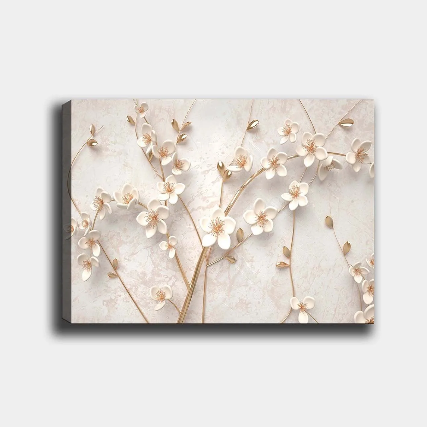 Canvastavla 70x100 cm - Stiliserad blomsterdesign med vita blommor och gyllene detaljer - Vit / Guld