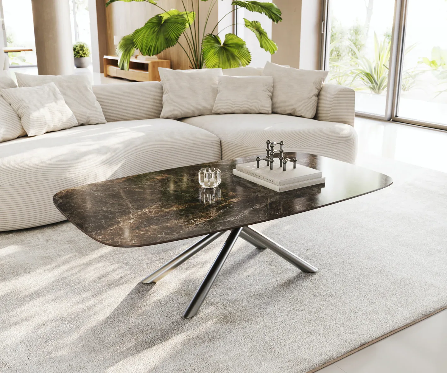 Couchtisch Edge Boot 140x80 cm Keramik Emperador Extra Lucidato Dunkelbraun Sarity Edelstahl gebürstet