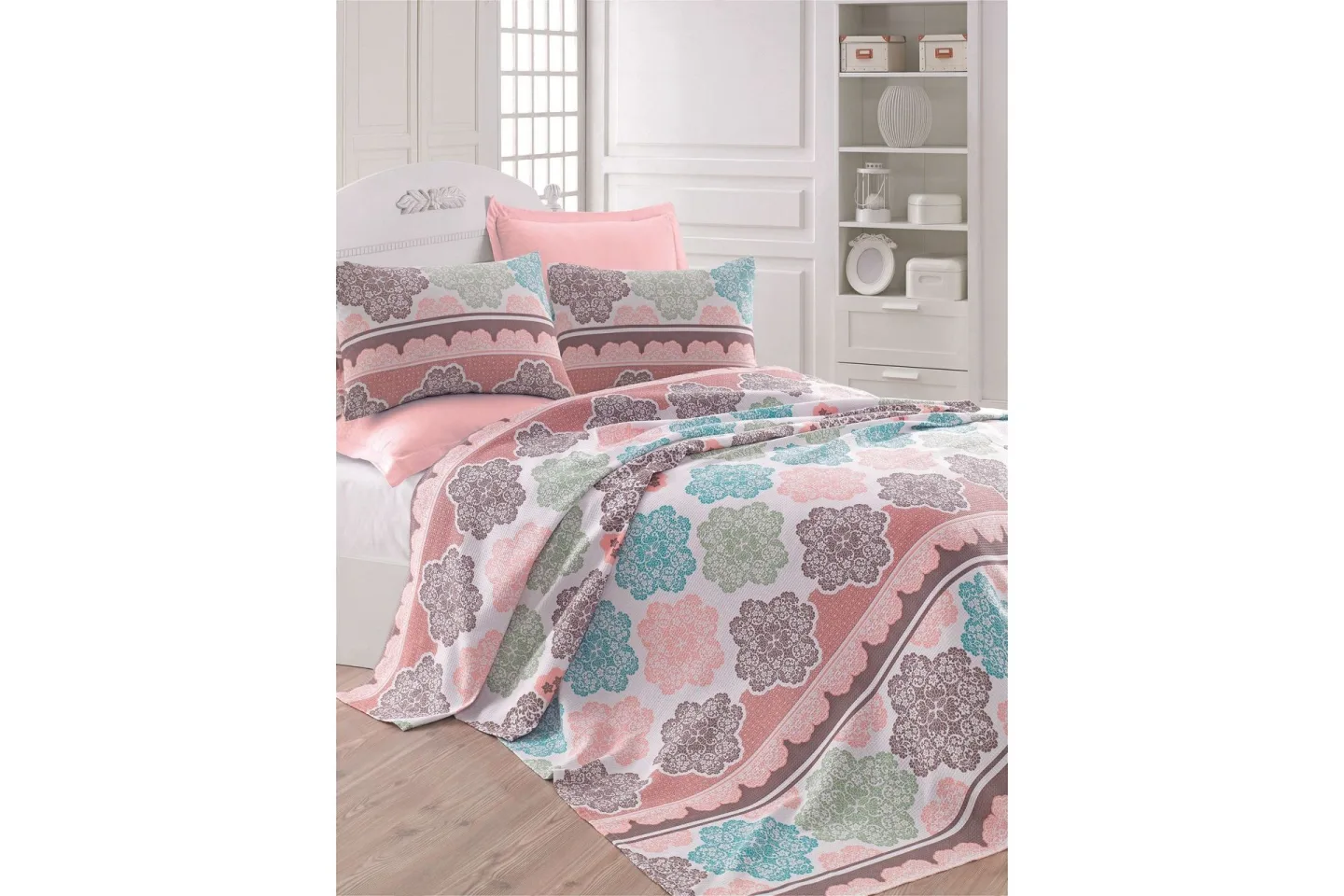 Eponj Home Överkast Dubbelt 200x235 cm - Turkos/Rosa/Creme