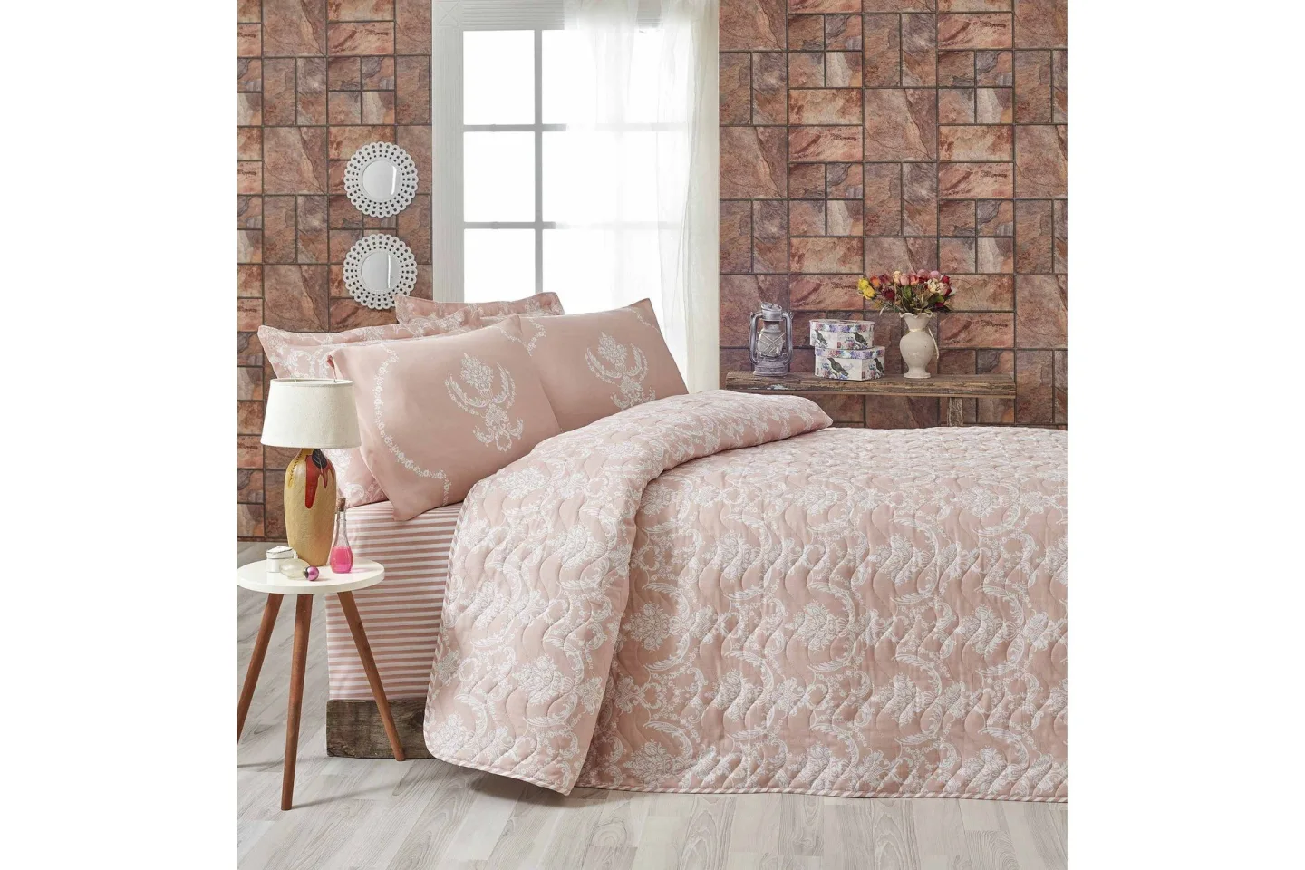 Eponj Home Överkast Enkelt 160x220+Kuddfodral Quiltat - Rosa/Vit