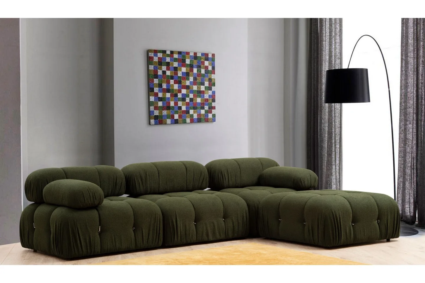 Belgin Bubblig Divansoffa 3-sits 288 cm med fasta armstöd och repdetaljer - Grön