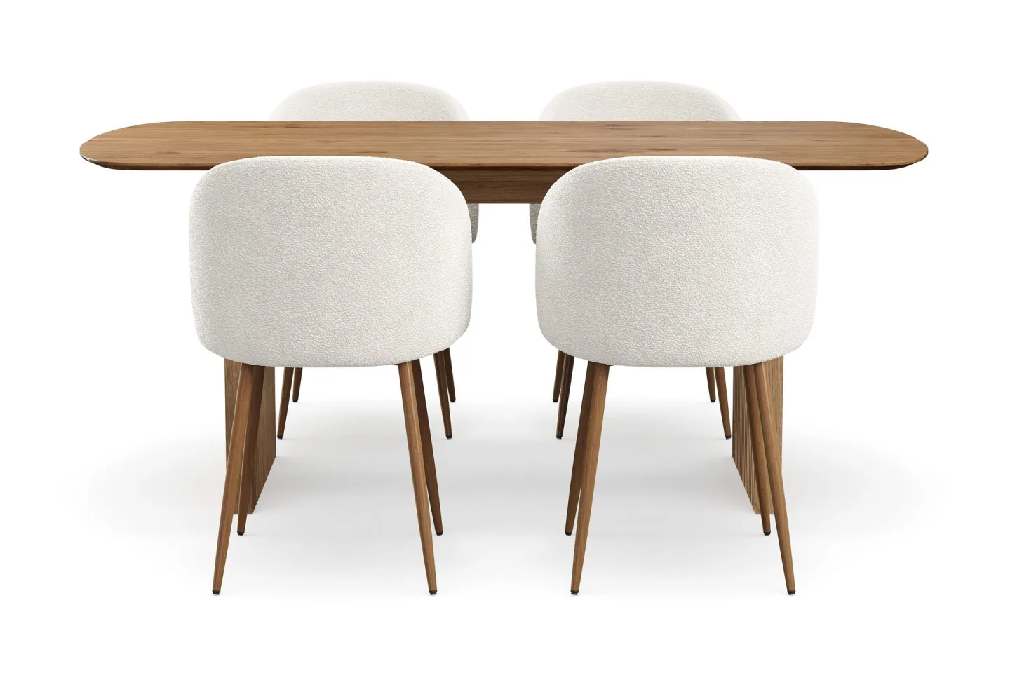 Richeto Matgrupp 180 cm med 4 Greya Matstolar med Armstöd - Naturlig Finish/Vit Bouclé