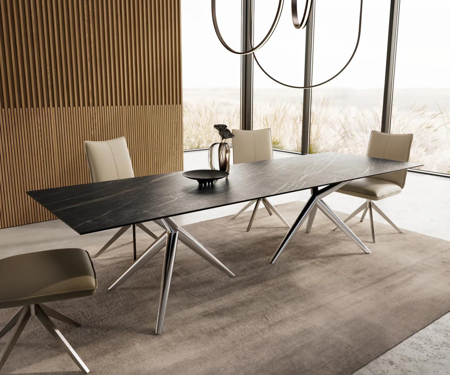Esstisch Edge 300x100 Keramik Laminam®Noir Desir Braun Estelar rund Edelstahl