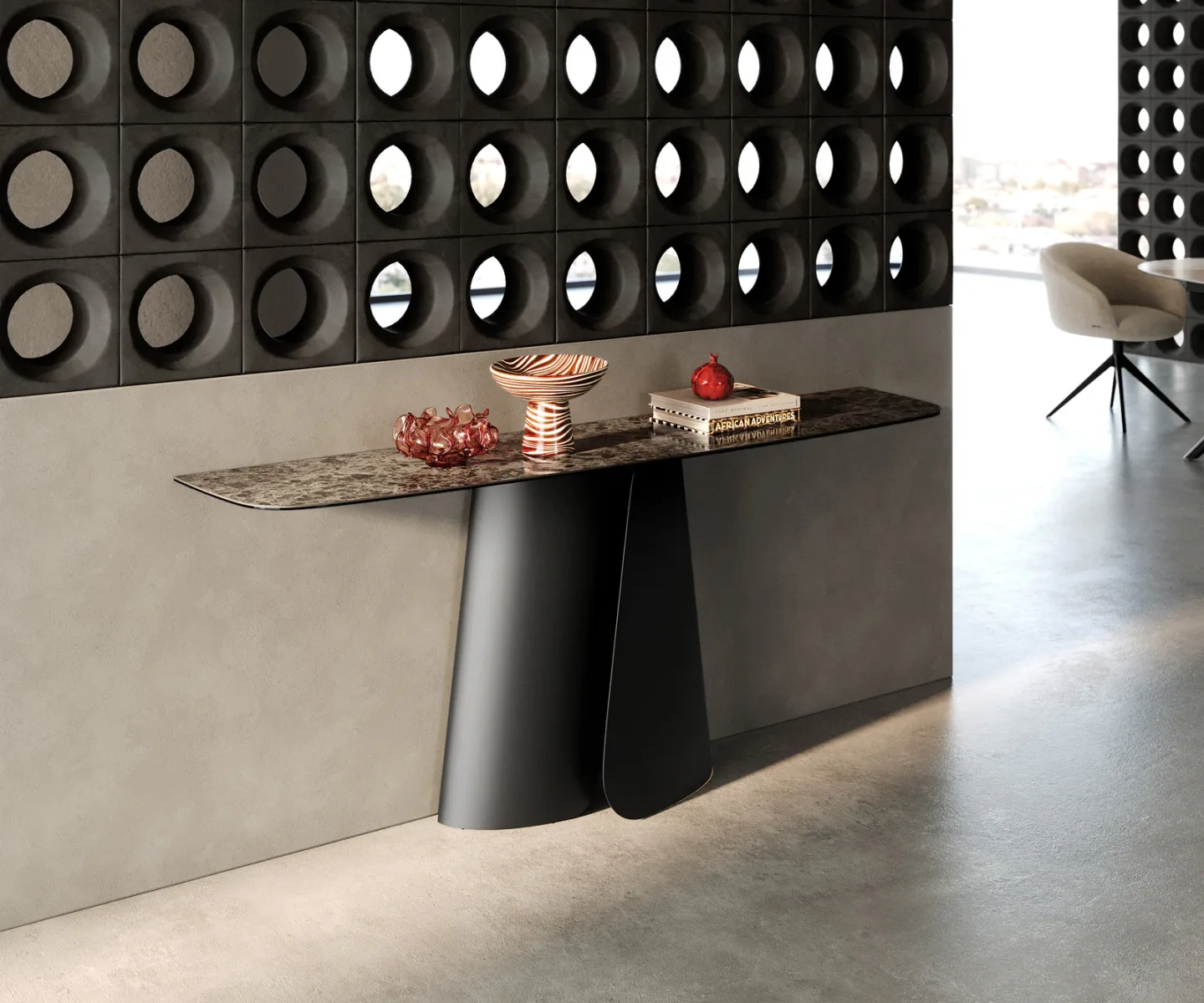 Konsolentisch Edge Boot 180x40 cm Keramik Emperador Extra Lucidato Dunkelbraun Livos Metall Schwarz