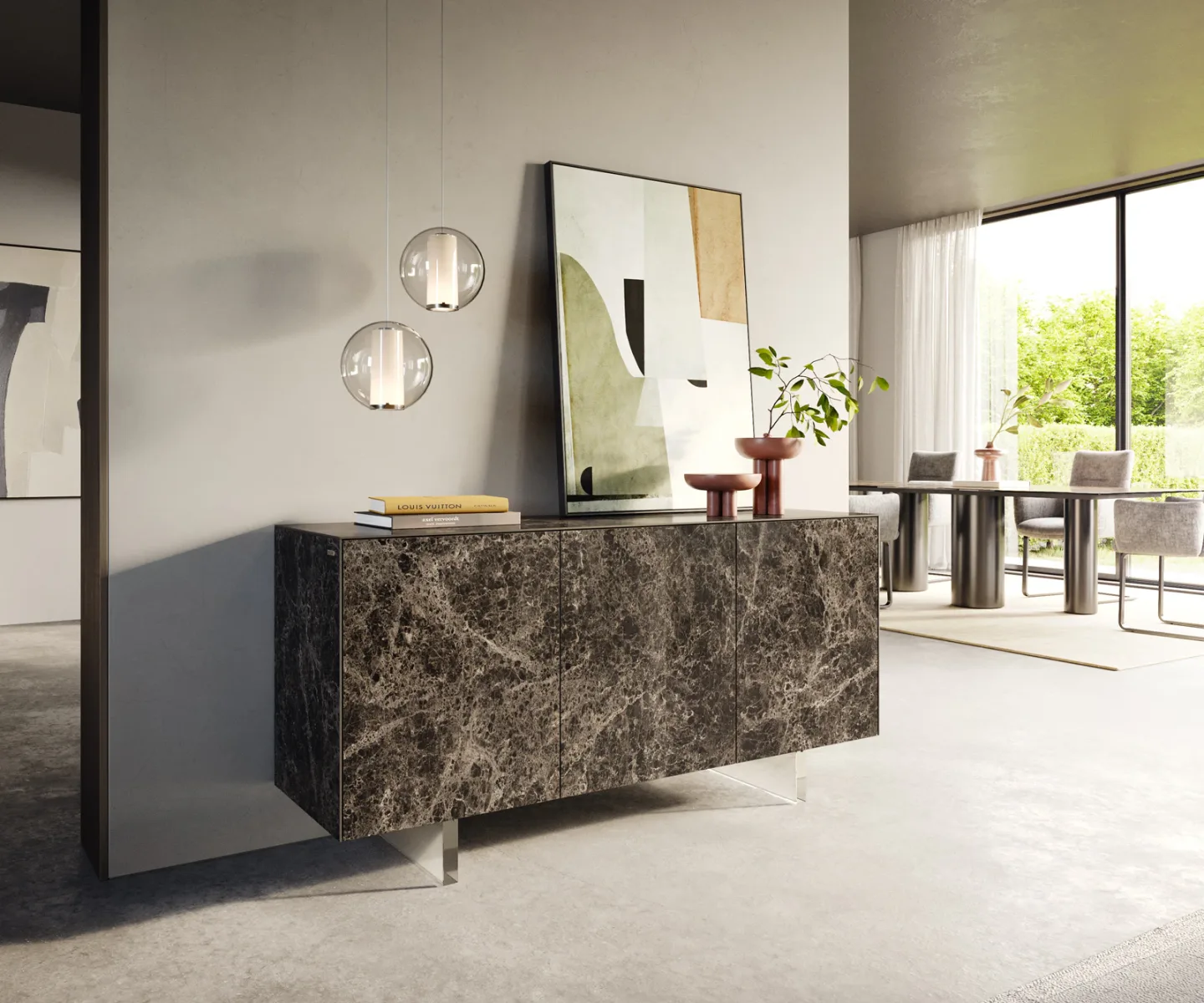 Sideboard Cuor 150 cm Keramik Emperador Extra Lucidato Dunkelbraun 3 Türen Fuß Schwebeoptik Acrylglas