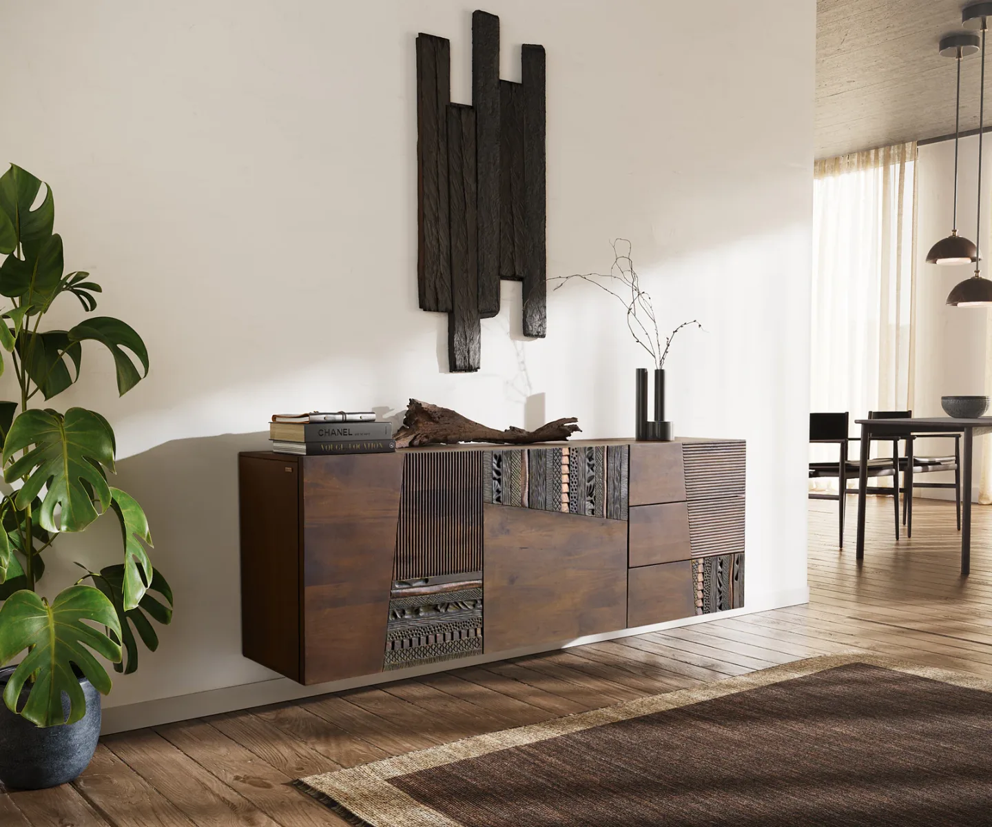 Sideboard Imara 175 cm Mango Braun 2 Türen 3 Schubladen schwebend