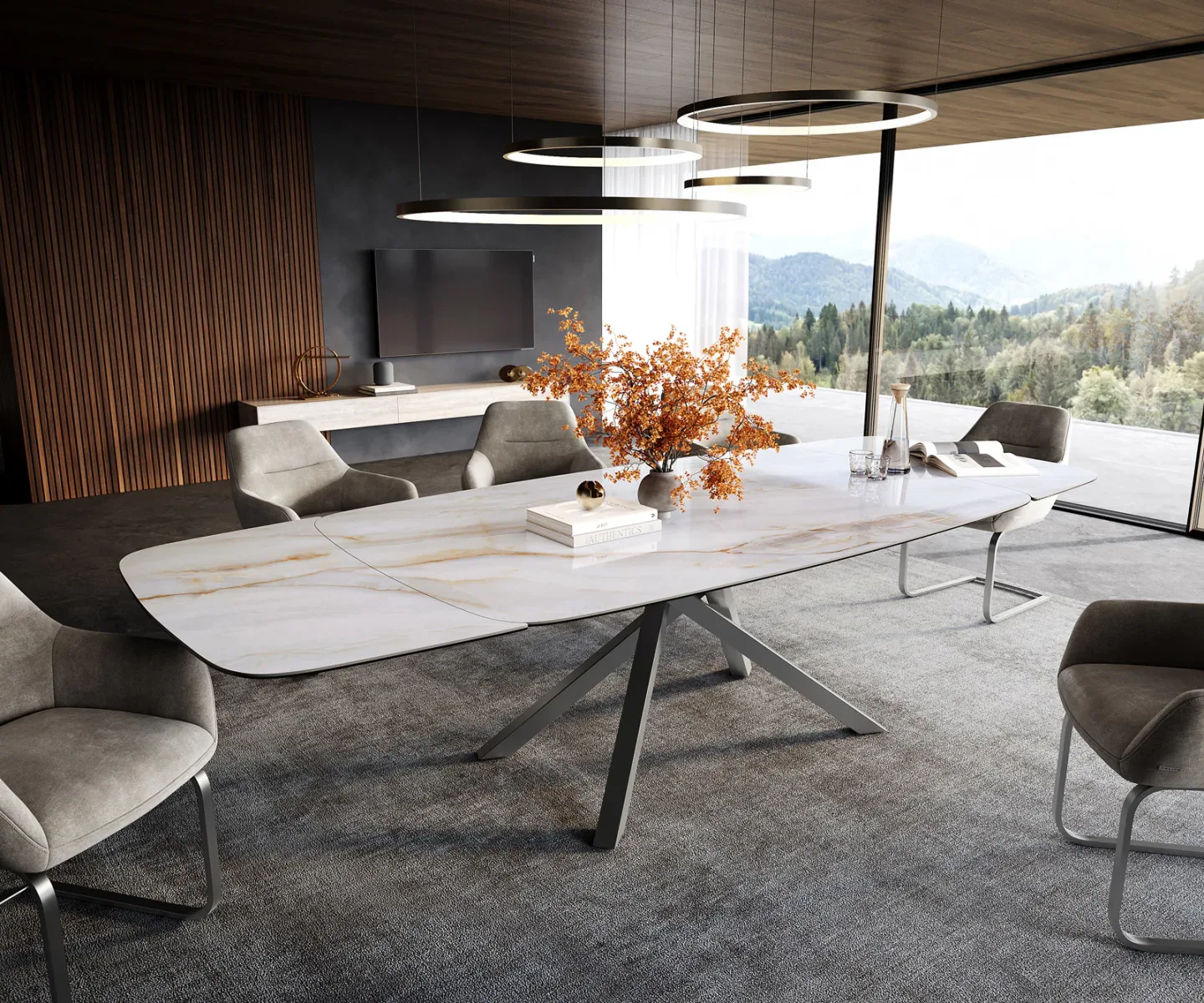 Esstisch Edge Boot 200-300x120 cm Keramik Onyx Pearl Kreuzgestell Rechteck Edelstahl ausziehbar