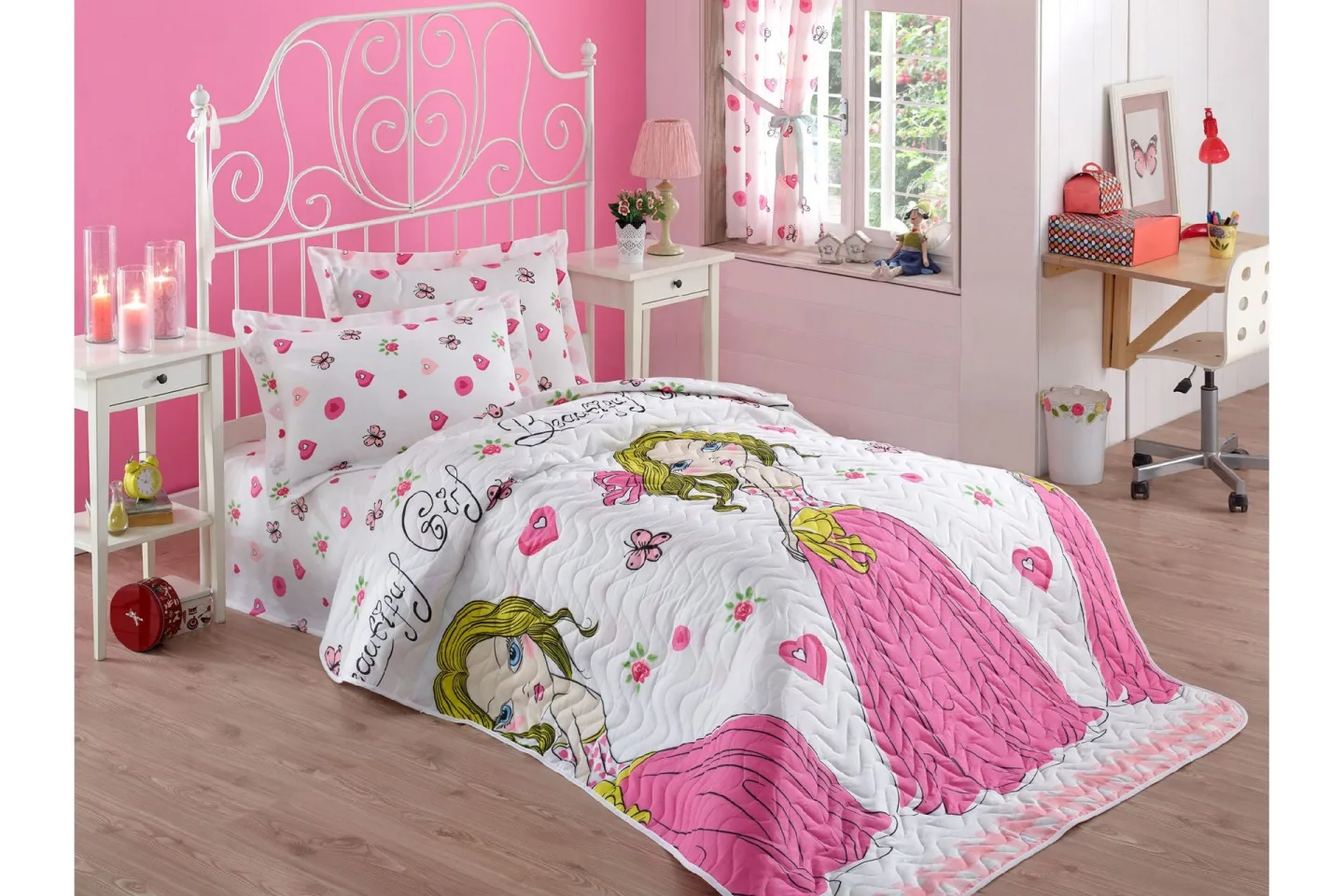 Eponj Home Överkast Enkelt 160x220+Kuddfodral Quiltat - Vit/Rosa/Gul
