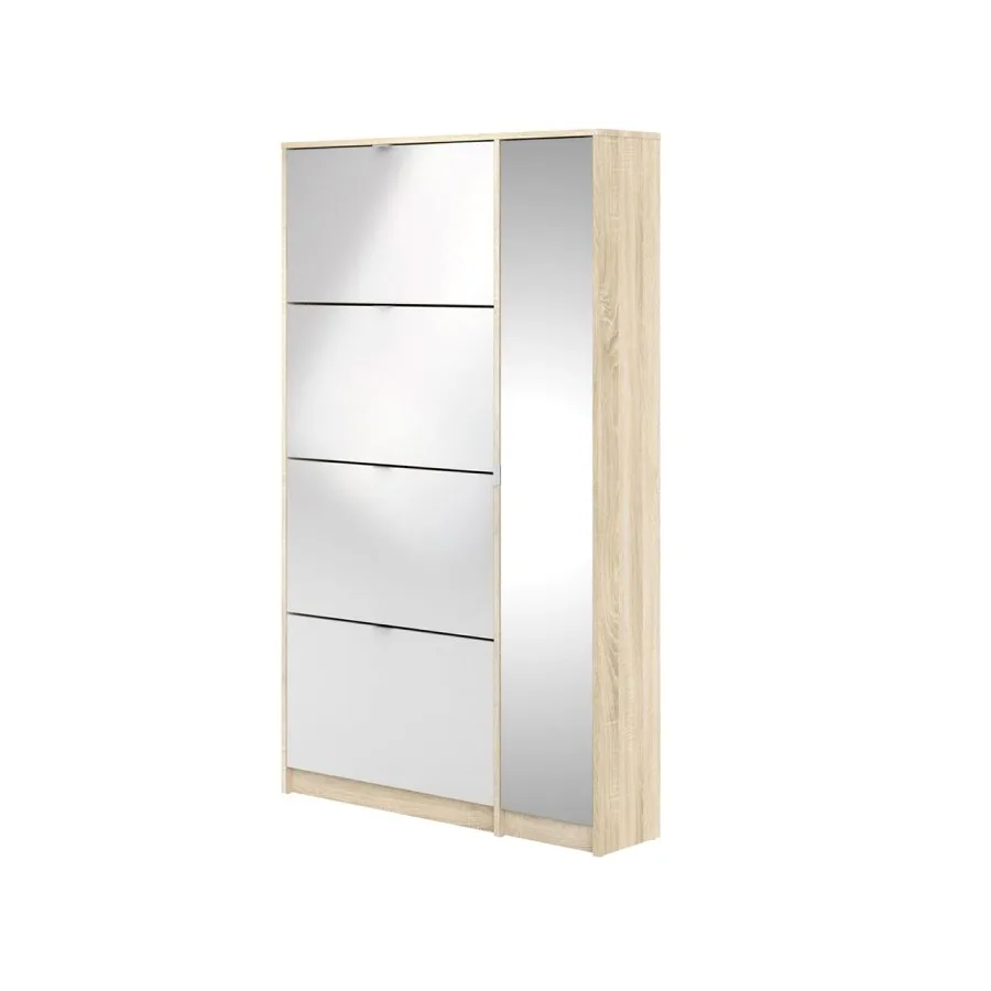 Shane Schuhschrank 4 Klapptüren 2R, 1 Spiegeltür eiche Struktur Dekor, hochglanz weiss.