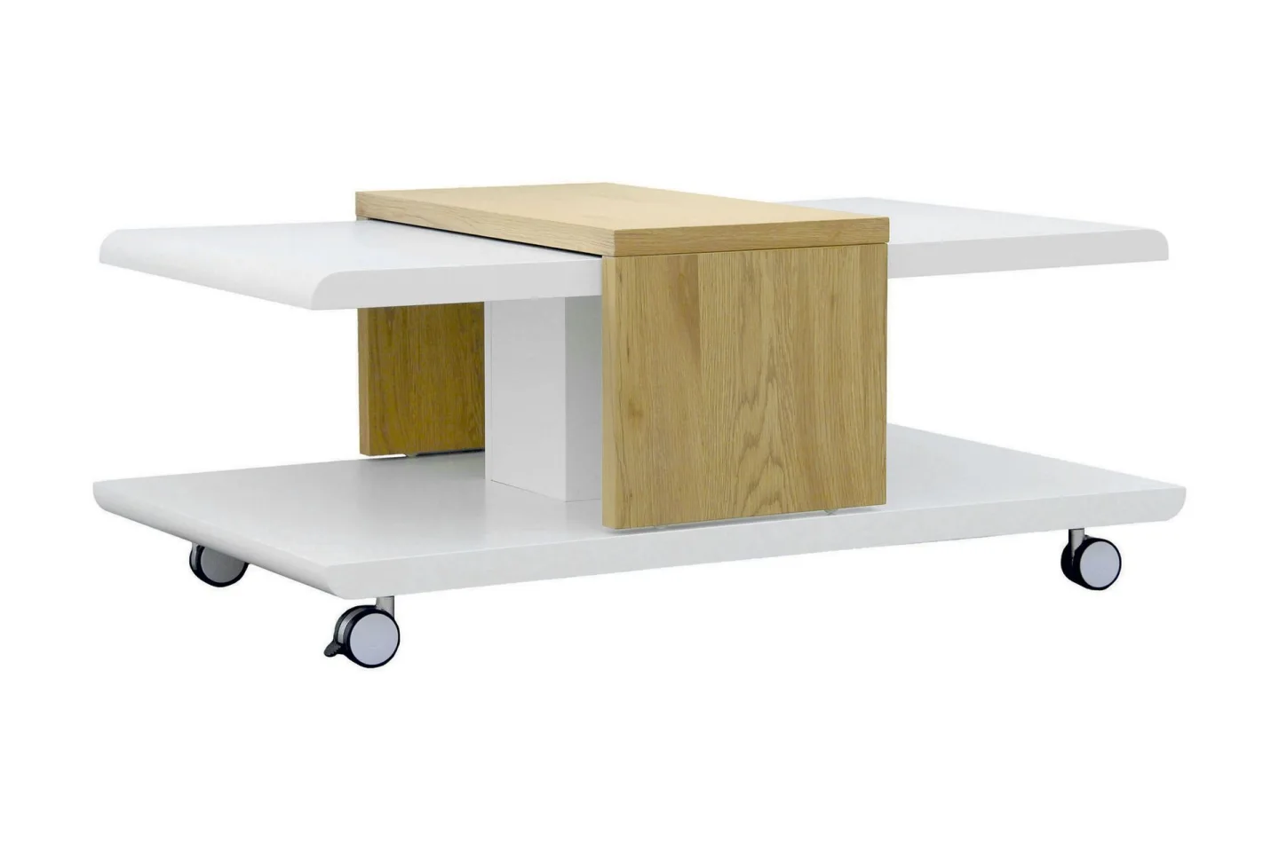 Saturnina Soffbord 110 cm med Förvaring Hyllor på Hjul - Vit/Trä