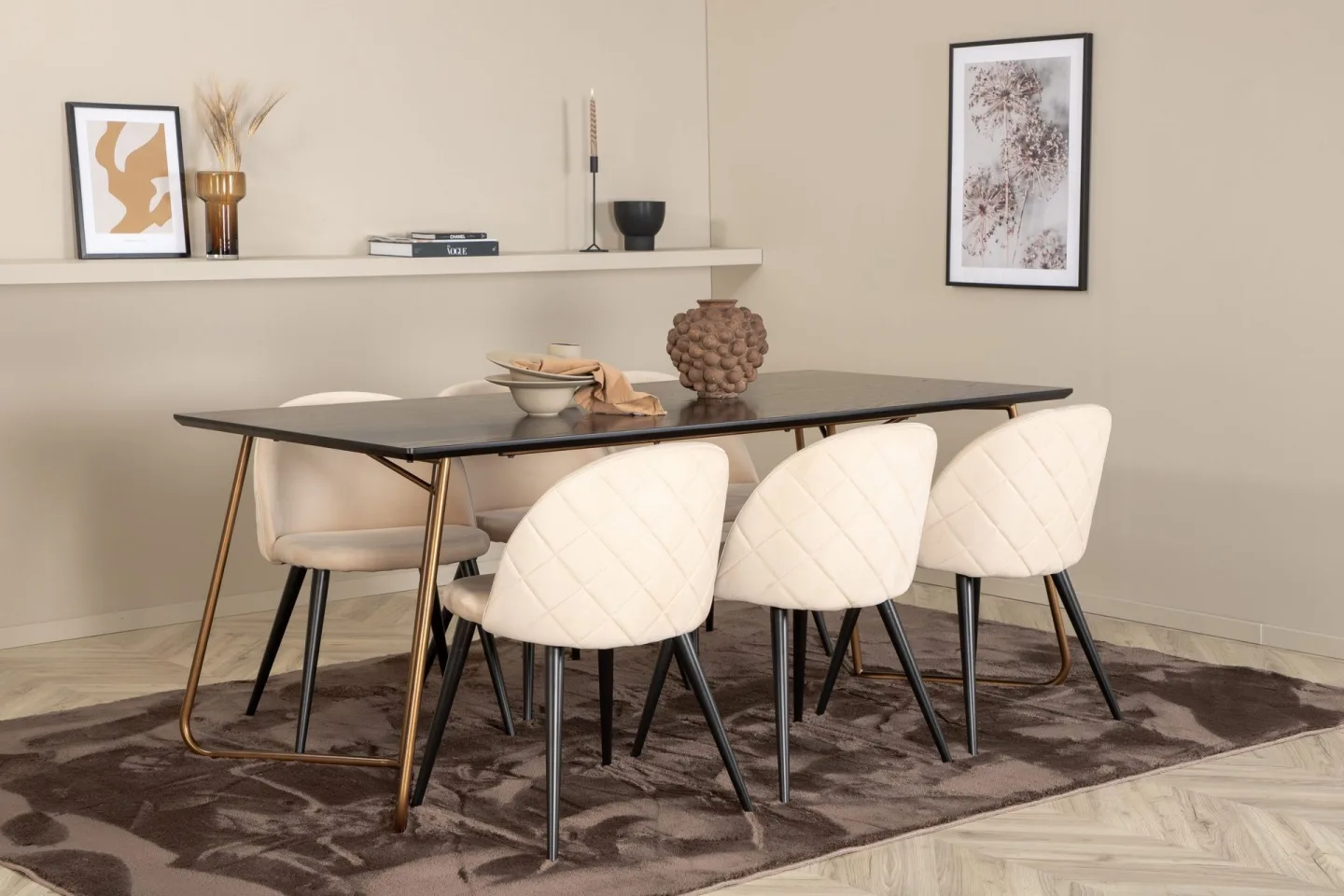 Pipi Matgrupp 190 cm inkl 6 Velvets Stolar - Svart/Koppar