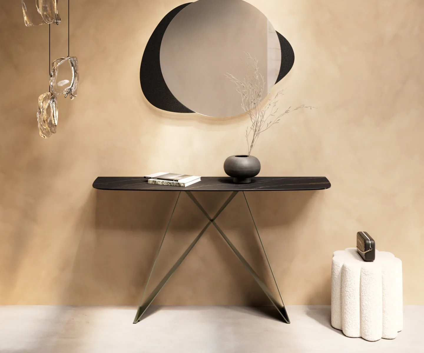 Konsolentisch Edge Boot 140x40 cm Keramik Laminam® Noir Desir Braun Velio Metall Effektfinish Titan