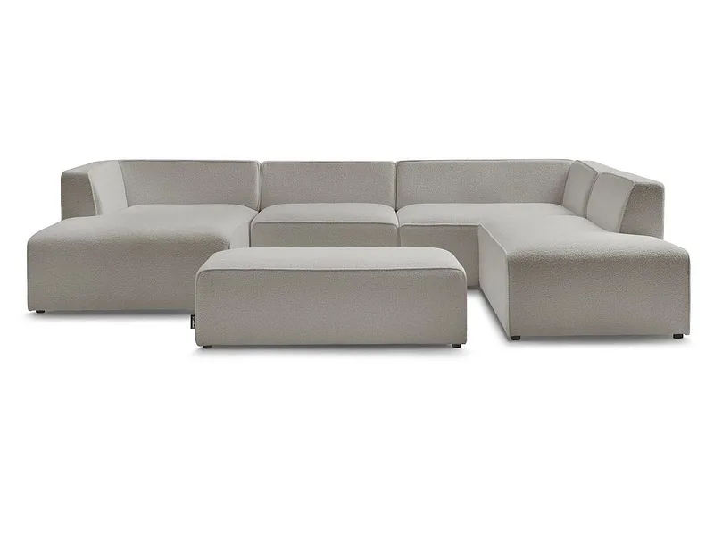 Panorama-Ecksofa mit Hocker BOBOCHIC MEGEVE Boucle-Stoff hellgrau