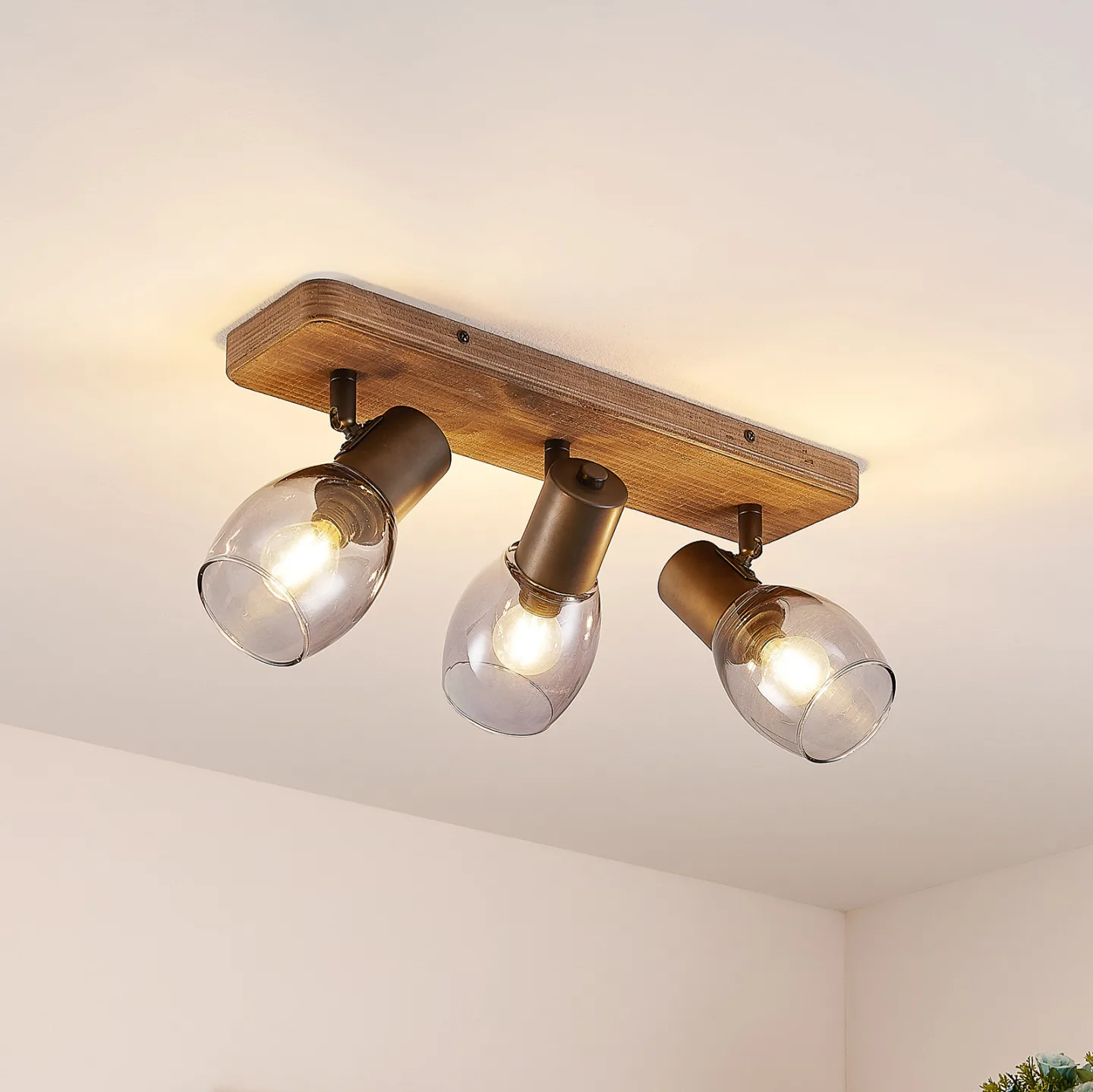 Ineska 3 Square Loftlampe Smoke/Wood - Lindby - Stue - Skandinavisk - Træ - Med flere lyskilder