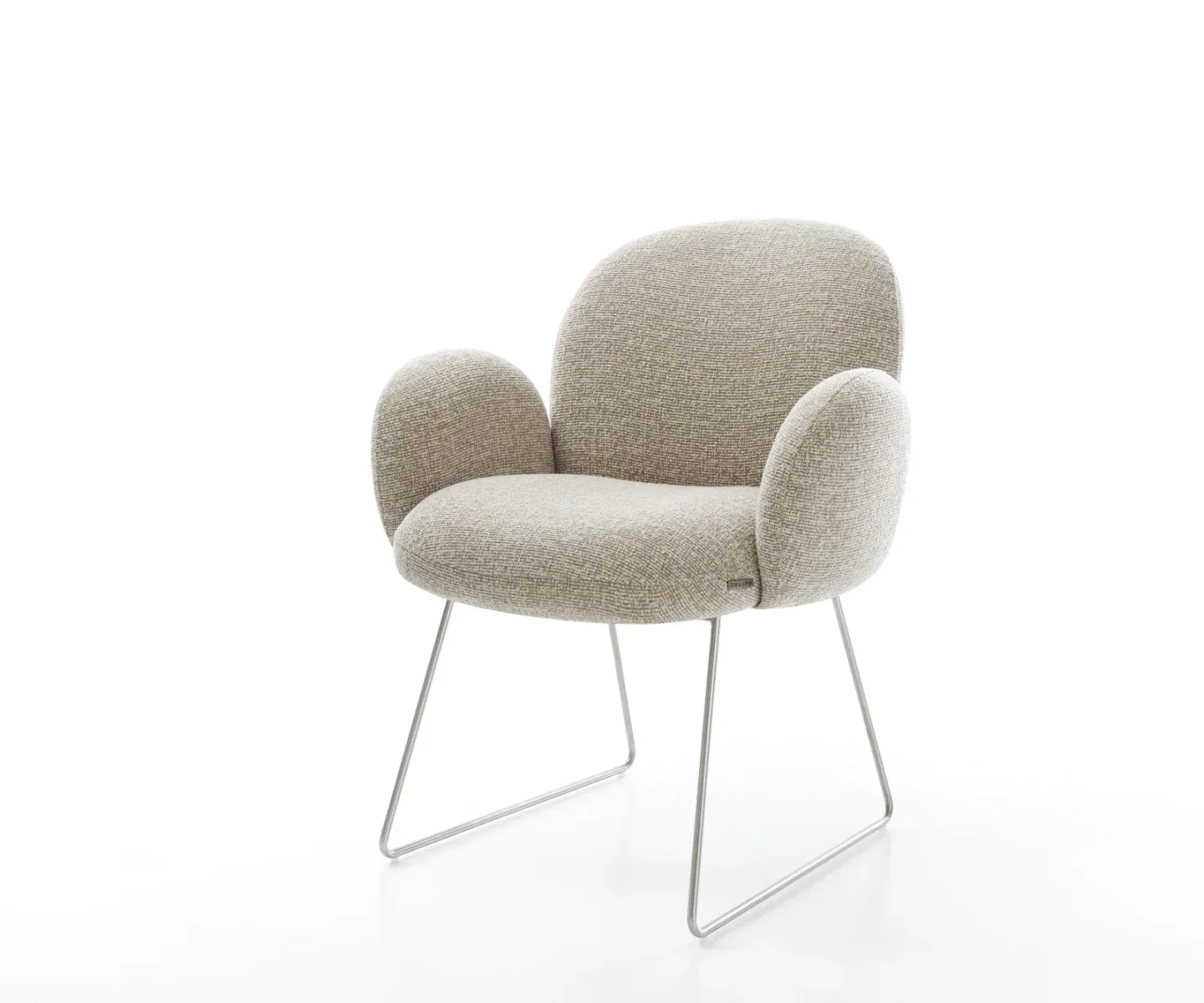 Esszimmerstuhl Nube-Flex mit Armlehnen Webstoff Soft Beige Kufengestell Edelstahl Taschenfederkern
