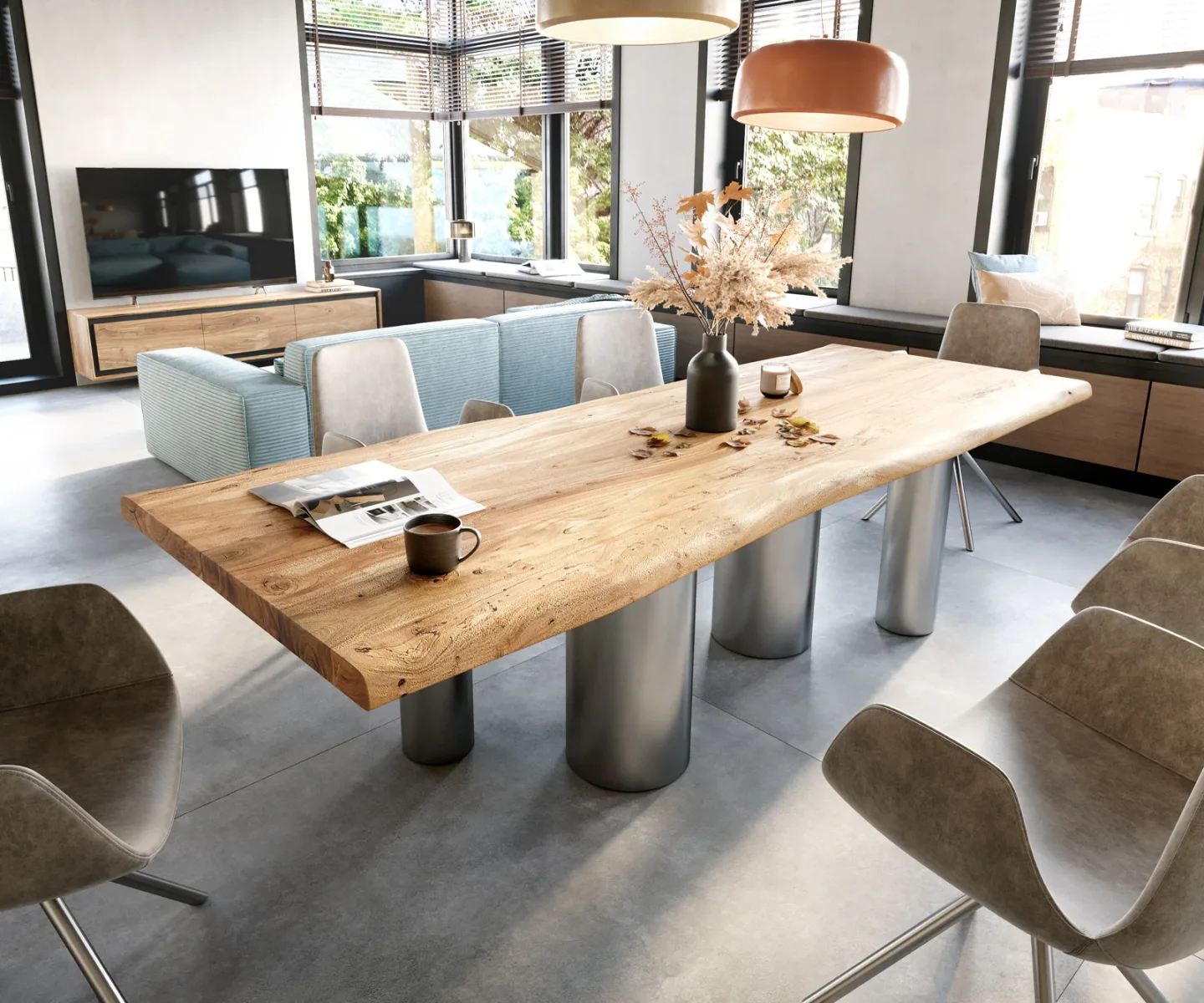 Esstisch Edge 280x100 XL Akazie Natur Pilier Edelstahl gebürstet Live-Edge