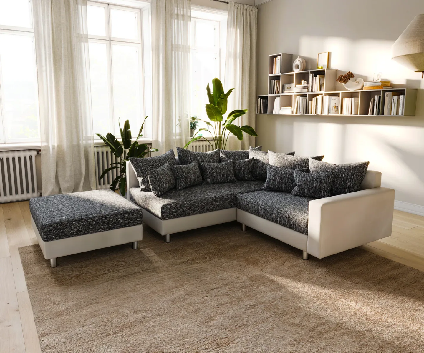Ecksofa Clovis Weiss Schwarz modular Armlehne Hocker Ottomane Links