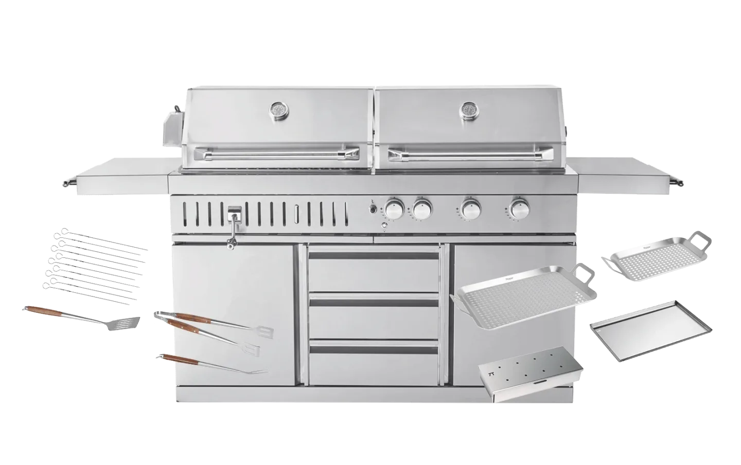 Stainless Collection - Freistehender Gas- und Holzkohlegrill - Inkl. Zubehörpaket