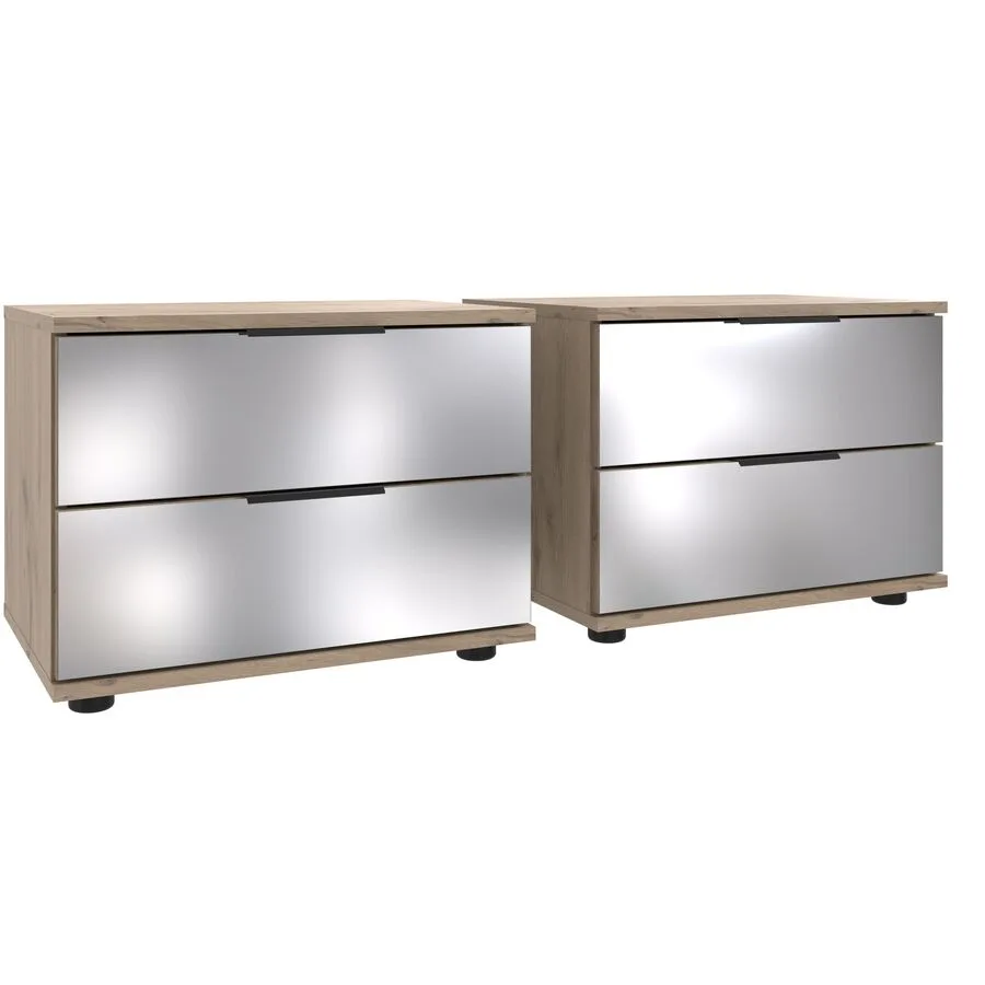 Nachttisch 2er-Set Metac Eiche Nachbildung, Spiegel Spanplatte, Spiegelglas B 104 H 40 cm