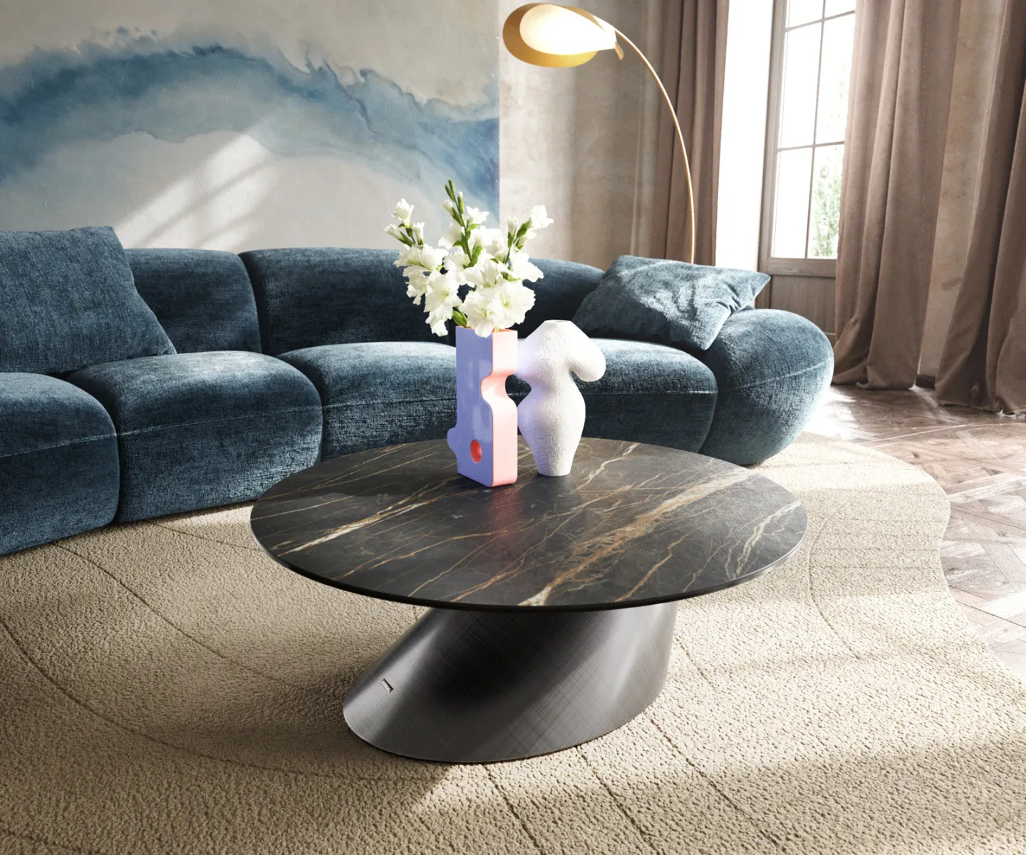 Couchtisch Edge Rund 90x90 cm Keramik Laminam® Noir Desir Braun Conis Metallic Silber
