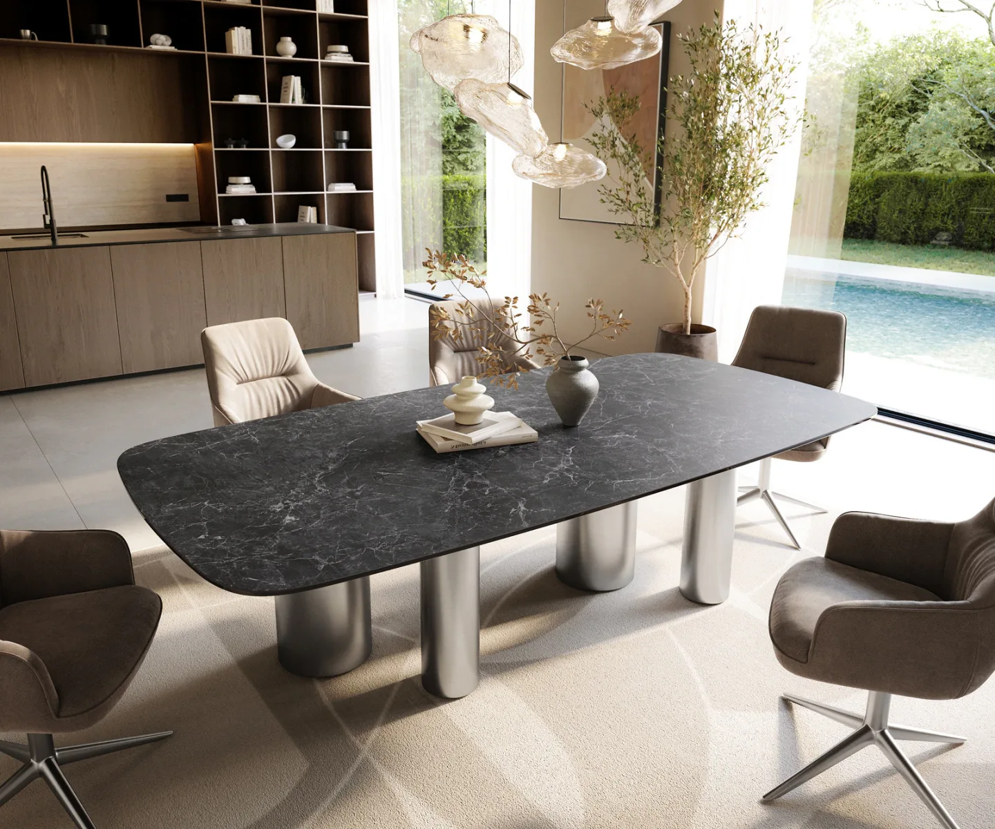 Esstisch Edge Boot 240x120 cm Keramik Laminam® Nero Greco Anthrazit Pilier Edelstahl gebürstet