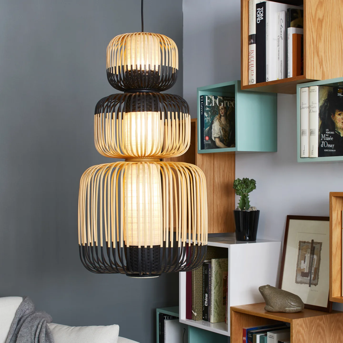 Bamboo Pendelleuchte Totem 3 Black - Forestier - Wohnzimmer - Design - Bambus - Mehrflammig