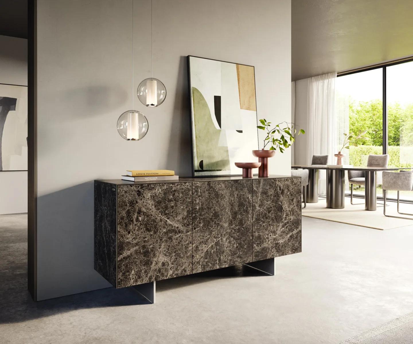 Sideboard Cuor 150 cm Keramik Emperador Extra Lucidato Dunkelbraun 3 Türen Fuß Schwebeoptik Edelstahl