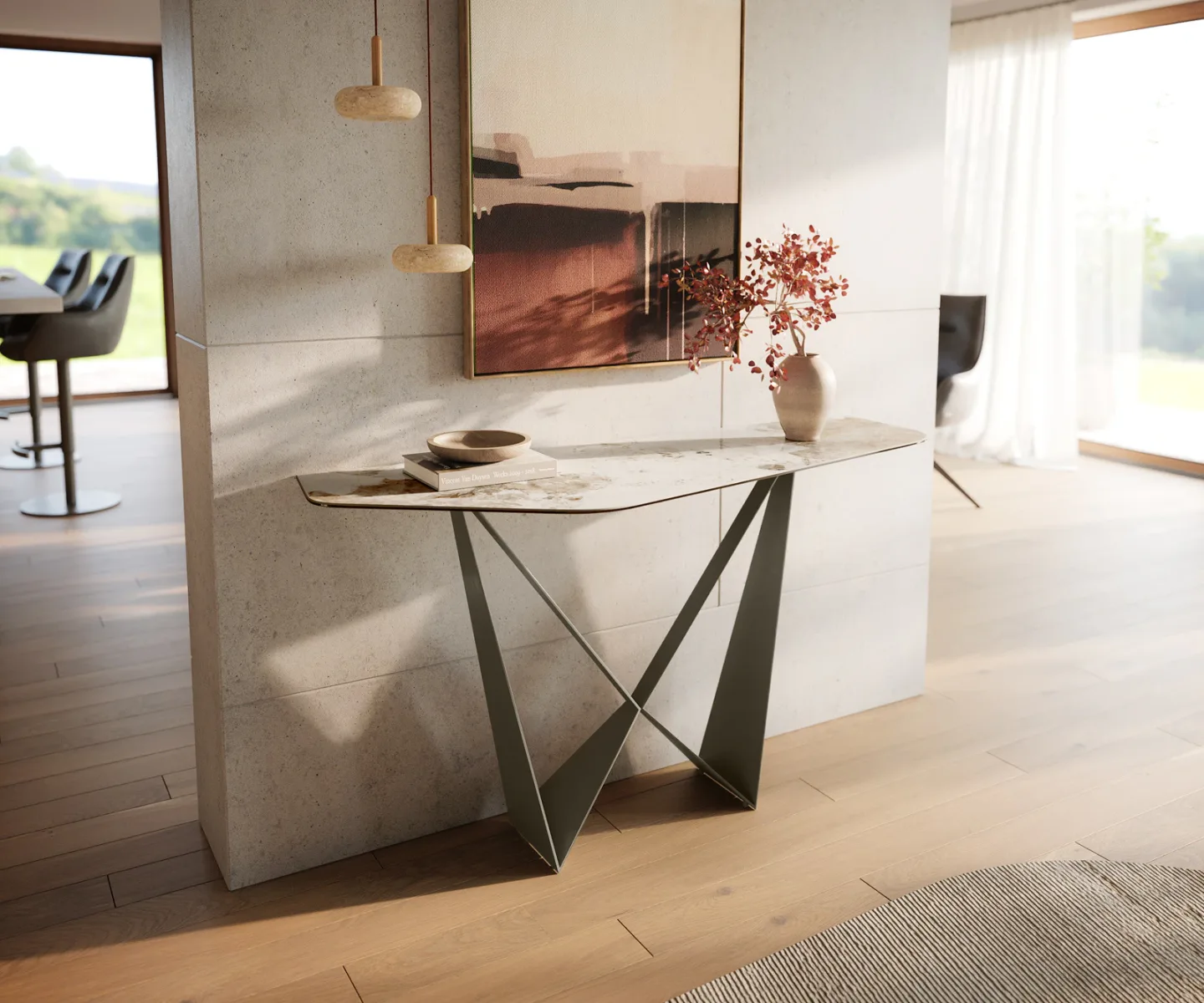 Konsolentisch Edge Polygonal 140x50 cm Keramik Minas Melange Weiß-Beige Spios Metall Effektfinish Titan