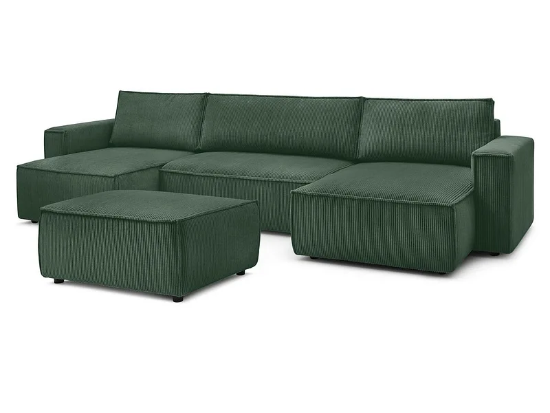 Panorama-Ecksofa mit Hocker BOBOCHIC NIHAD Cord-Stoff dunkelgrün