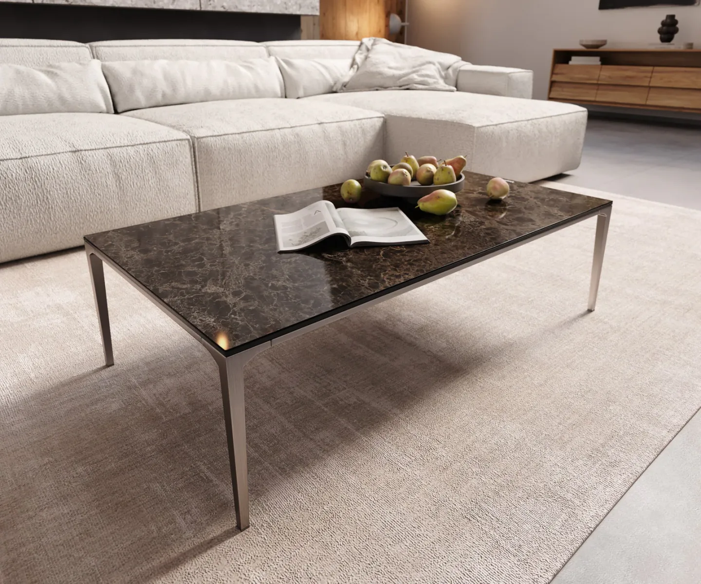 Couchtisch Levente 110x60 cm Keramik Emperador Extra Lucidato Dunkelbraun Gestell Edelstahl Silber