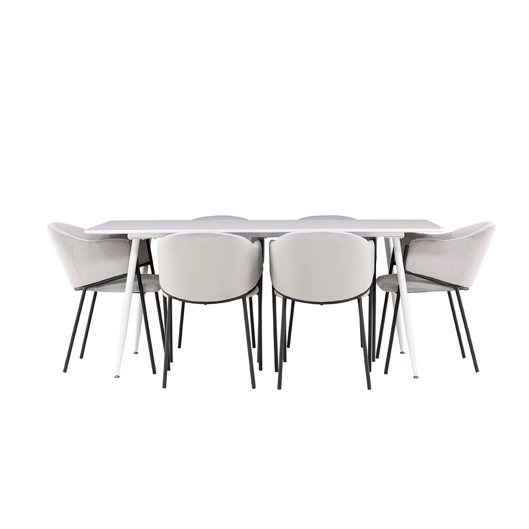 Silar Essgruppe Tisch 90x180cm und 6 Velours Stühle mit Armlehnen weiß.