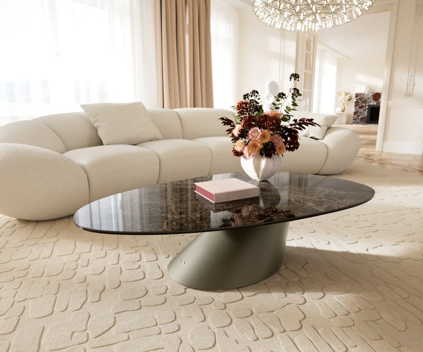 Couchtisch Edge Oval 140x75 cm Keramik Emperador Extra Lucidato Dunkelbraun Conis Metall Effektfinish Titan