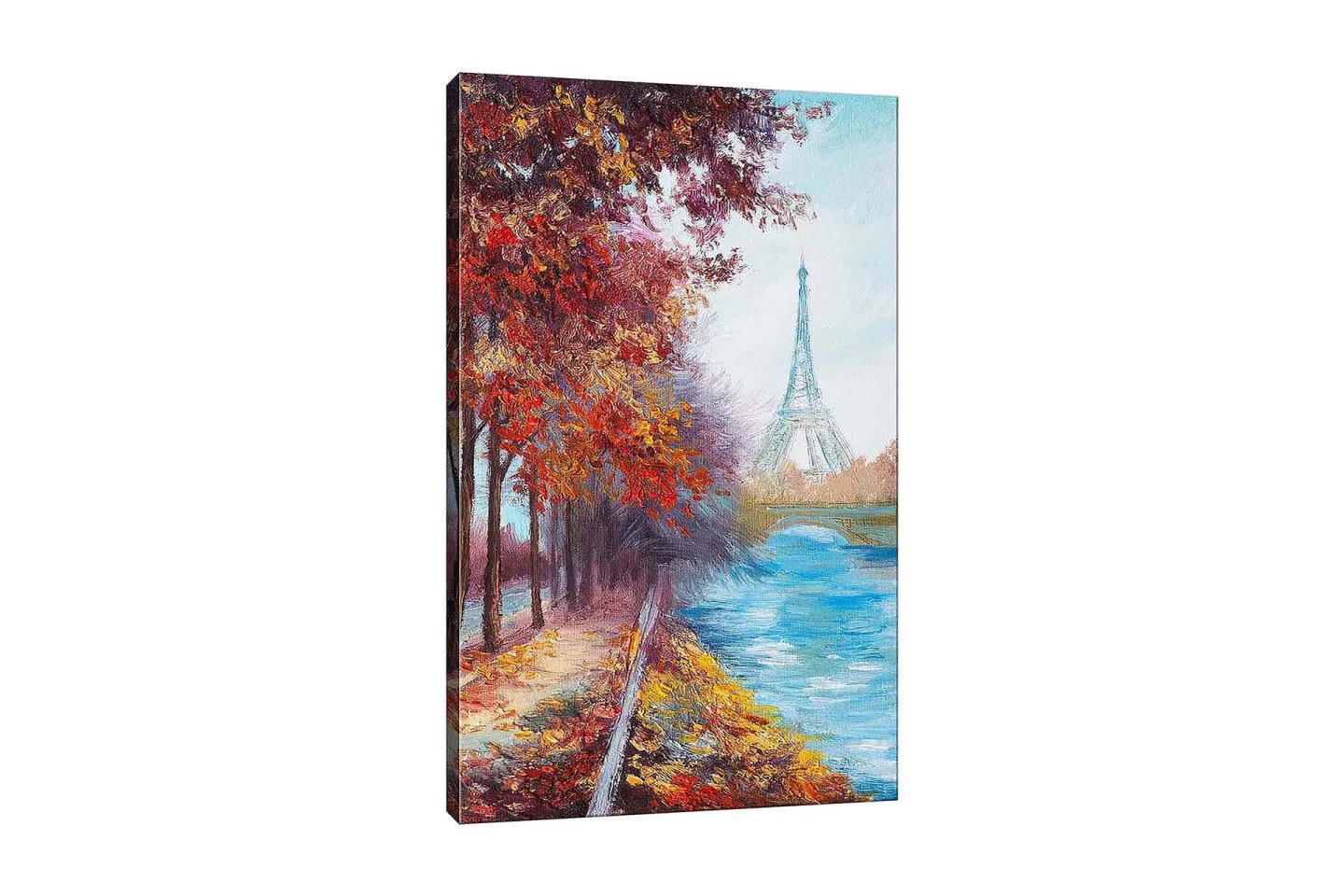 Canvastavla 70x100 cm - Vacker höstscen med Eiffeltornet i bakgrunden, omgiven av färgglada träd och en glittrande flod - Röd / Blå / Orange
