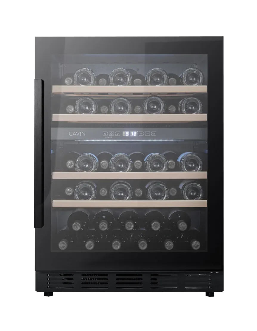 Einbaufähiger schwarzer Weinkühlschrank, Cavin Arctic Collection 60D, zwei Temperaturzonen, 46 Flaschen, 60 cm breiter Weinkühlschrank, ausziehbare Regale, B:59,5 x H:82/87 x T:57,5 cm