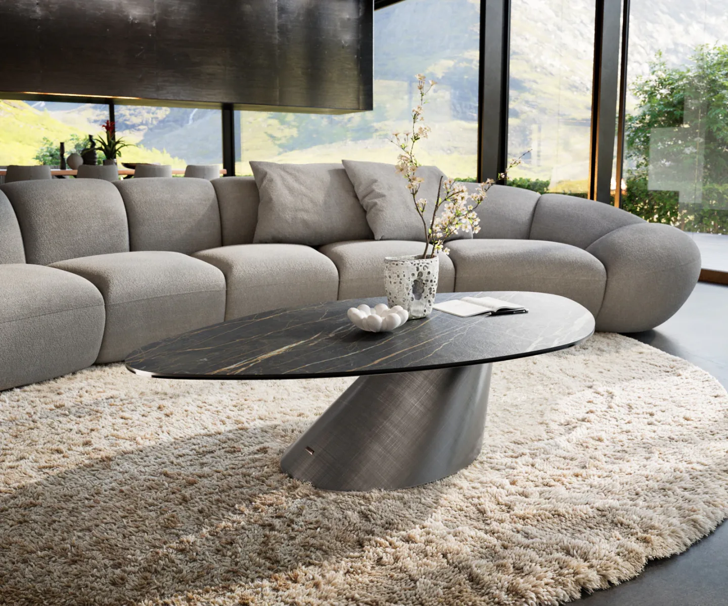 Couchtisch Edge Organisch 140x76 cm Keramik Laminam® Noir Desir Braun Conis Metallic Silber