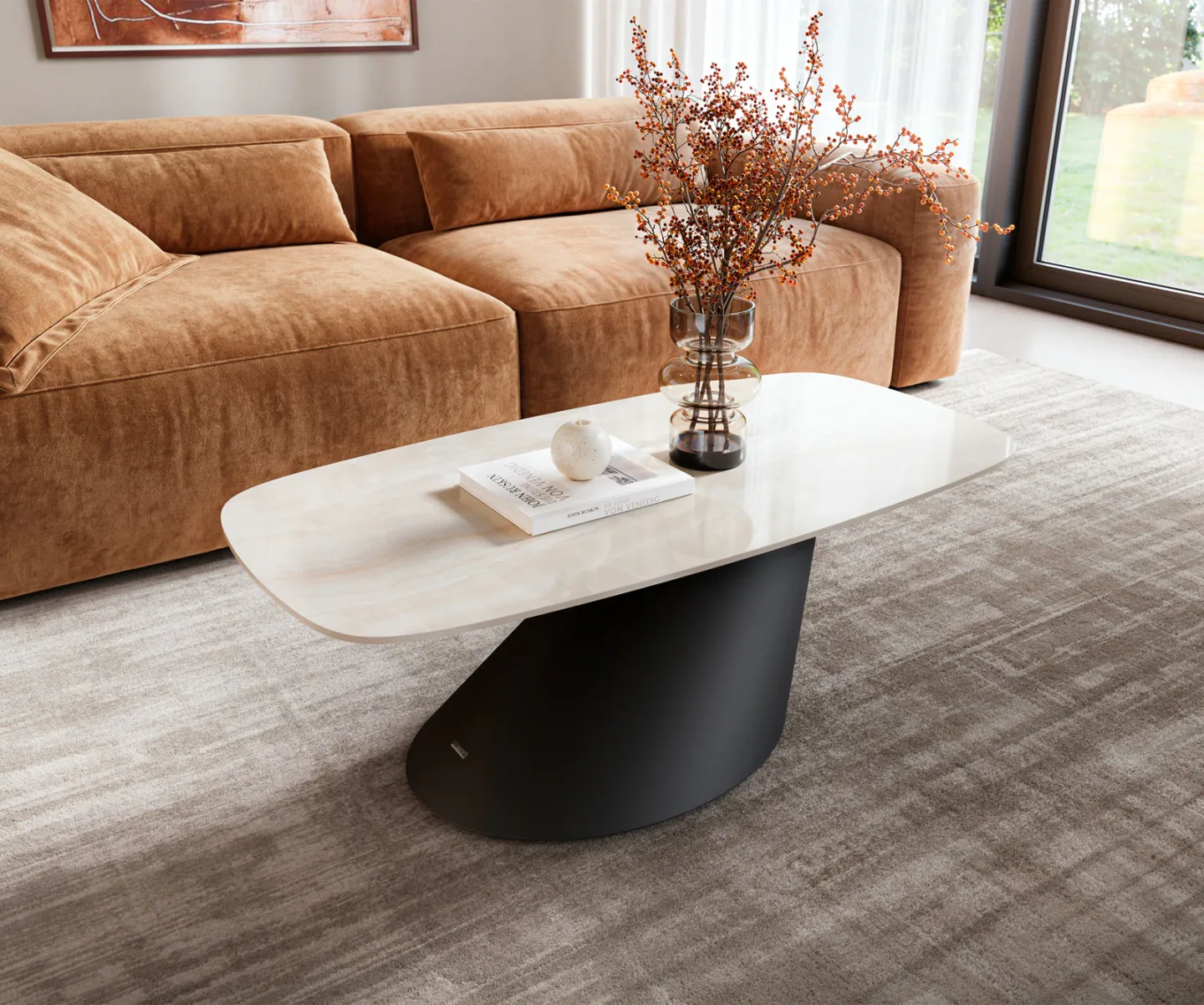 Couchtisch Edge Boot 100x50 cm Keramik Onyx Champagne Conis Metall Schwarz
