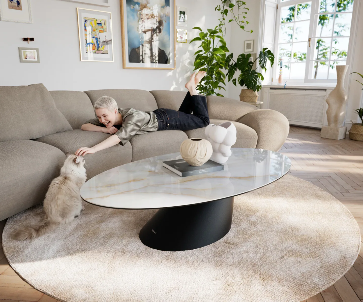 Couchtisch Edge Oval 140x80 cm Keramik Onyx Pearl Conis Metall Schwarz