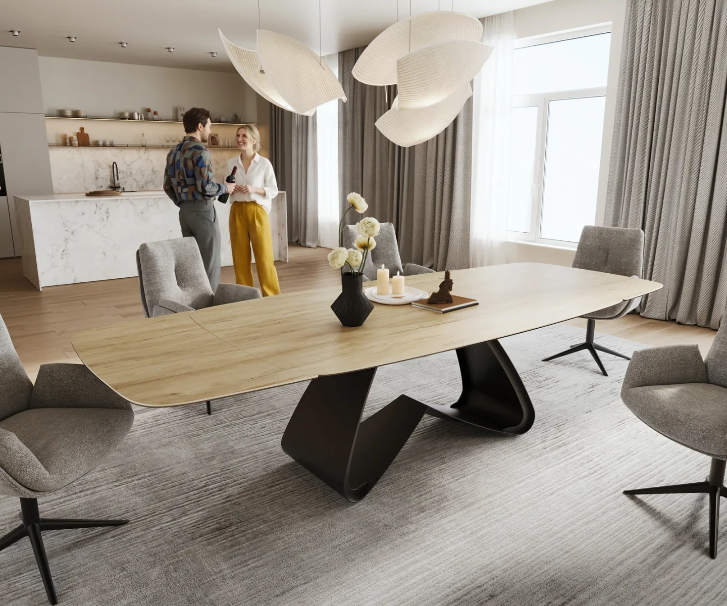 Esstisch Edge Boot 200-300x120 cm Keramik Laminam® Sabbia Eichefarbig W-Gestell Metall Schwarz ausziehbar