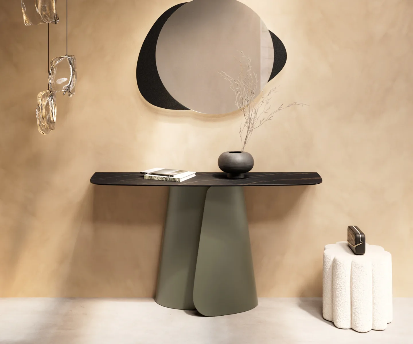 Konsolentisch Edge Boot 140x40 cm Keramik Laminam® Noir Desir Braun Livos Metall Effektfinish Titan