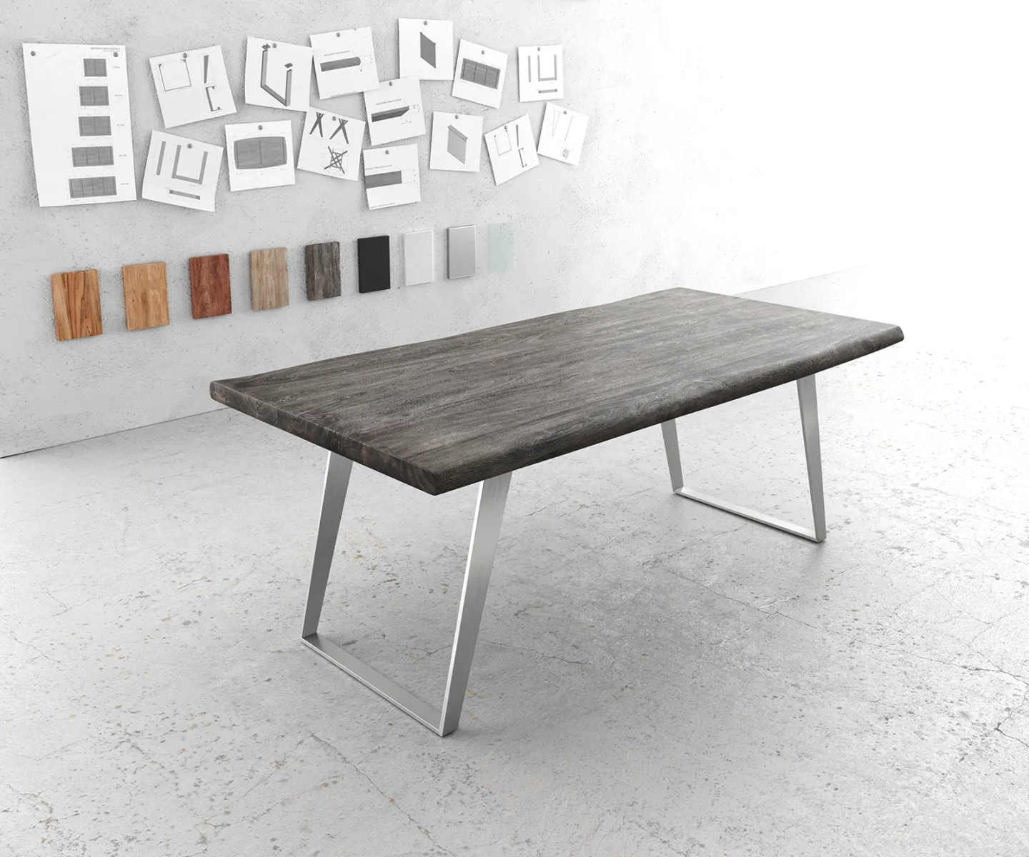 Esstisch Edge 200x100cm XL Akazie Platin Edelstahl Silber schräg Live-Edge