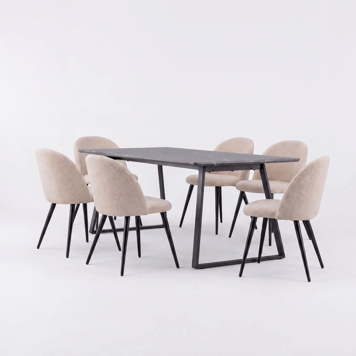 Malaga Essgruppe Esstisch 90x200 cm dunkelgrau und 6 Skagen-Stühle Bouclé beige.
