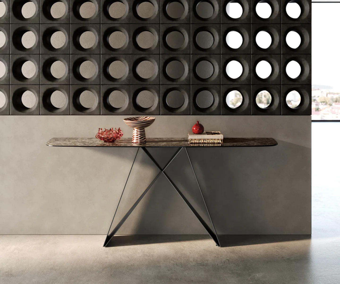 Konsolentisch Edge Boot 180x40 cm Keramik Emperador Extra Lucidato Dunkelbraun Velio Metall Schwarz