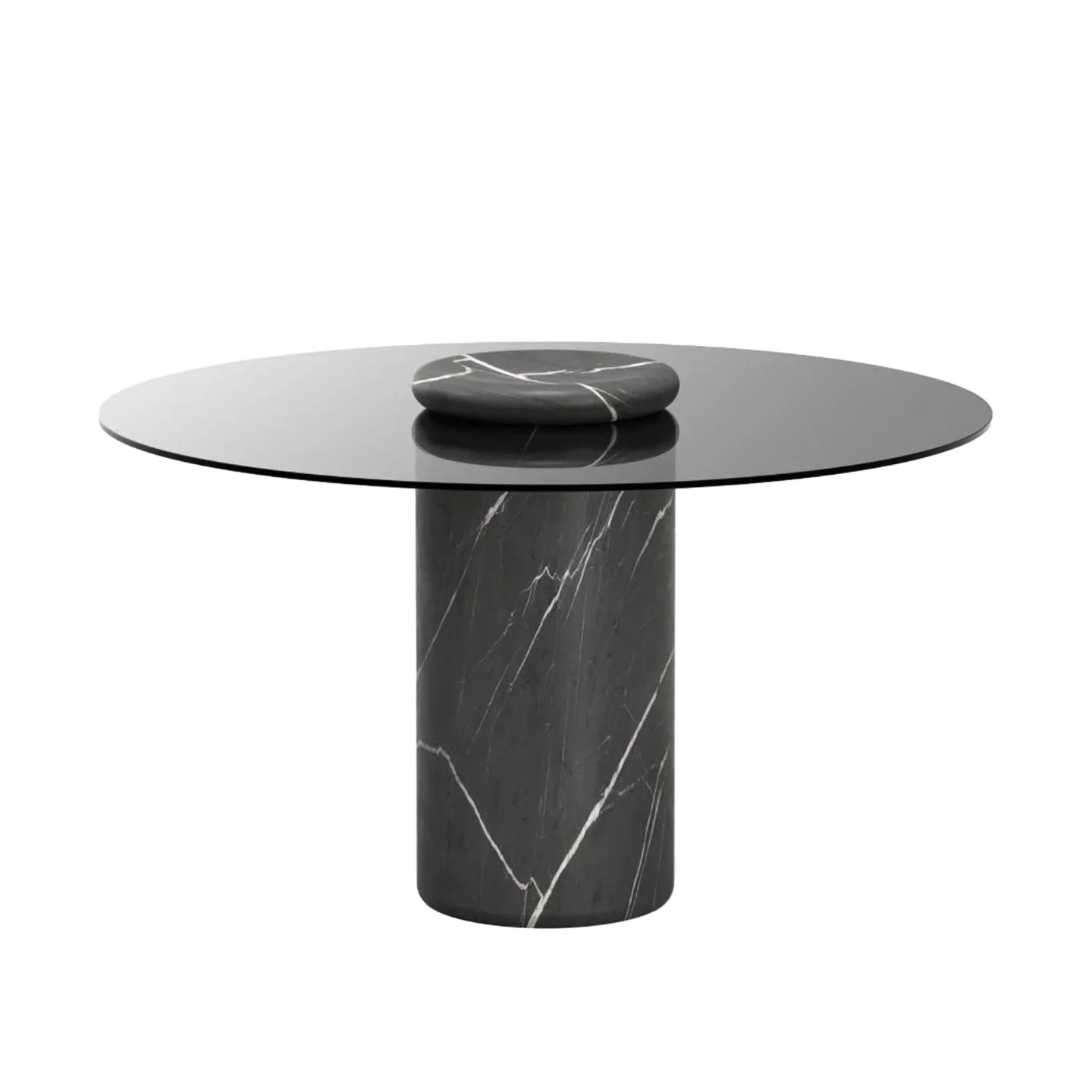 Karakter - Castore dining table Ø130, Pietra Grey / smoked glass - Matbord - Angelo Mangiarotti - Grå - Glas/Naturmaterial/Textilmaterial/Sten